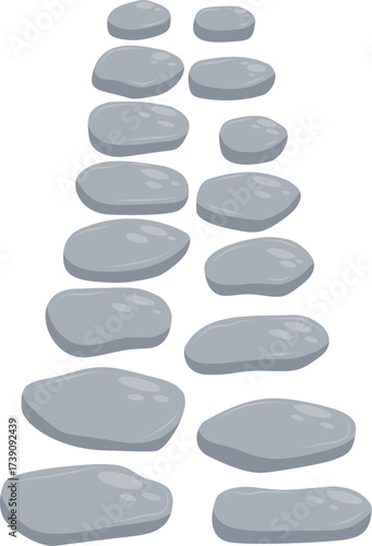 Grey cartoon stepping stones set for garden path. Flat oval rock steps illustration.