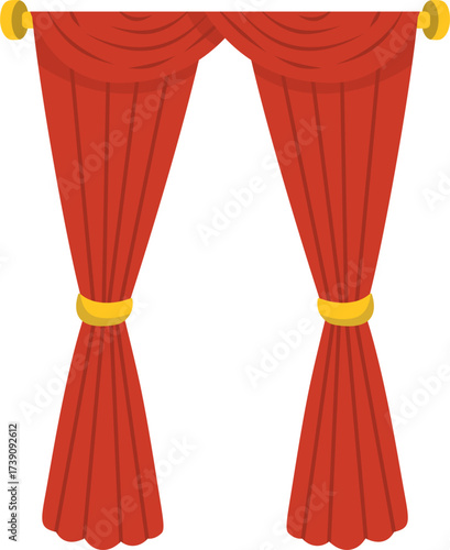 Luxury Red Curtains with Gold Rod and Tie-backs, Isolated Vector Graphic