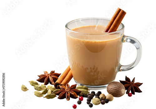 Aromatic masala chai with spices isolated on transparent background for refreshment