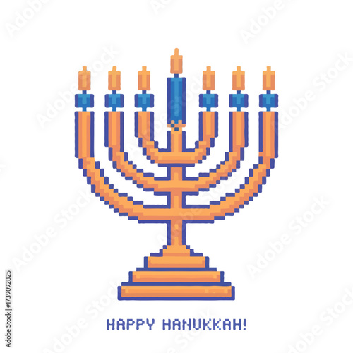 Pixel art menorah with lit candles isolated on white background