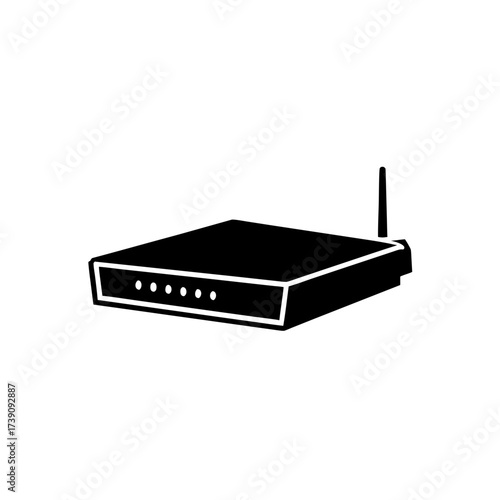 Illustration of a black wireless router with an antenna and indicator lights on a white background on transparent background silhouette