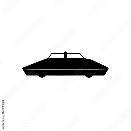Silhouette of a police car with a light bar on top viewed from the side in black and white style on transparent background