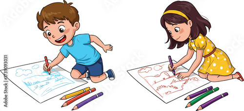 Children drawing with colored pencils, boy and girl art activity, creative kids painting, childhood learning, artistic expression, school project, imagination, teamwork