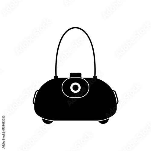 Illustration of a black handbag with a circular clasp and a curved handle on a white background on transparent background silhouette