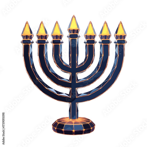 Dark blue menorah with lit candles isolated on white background