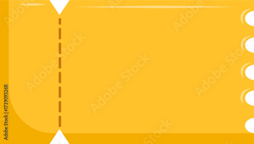 Blank yellow coupon ticket template with perforated line and round holes. Simple flat graphic for offers, discounts, and events.