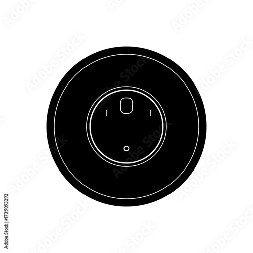 Illustration of a round black robot vacuum cleaner with white details and simple design elements shown on transparent background silhouette