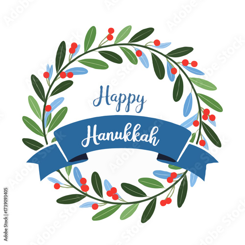 Happy hanukkah wreath with blue ribbon isolated on white background