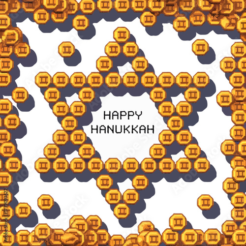Star of david made of gold beads with happy hanukkah text isolated on white background