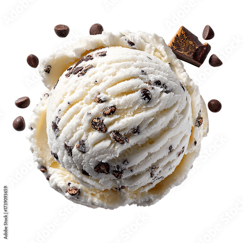 Scoop of white ice cream with chocolate chips isolated on transparent background