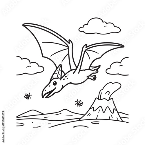 A black and white cartoon illustration of a pterodactyl flying in the sky. 