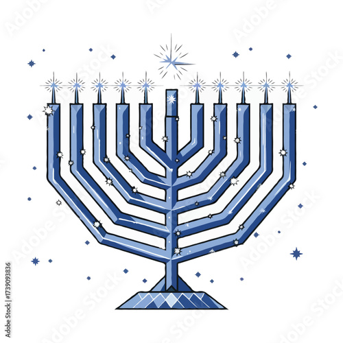 Blue hanukkah menorah with lit candles isolated on white background