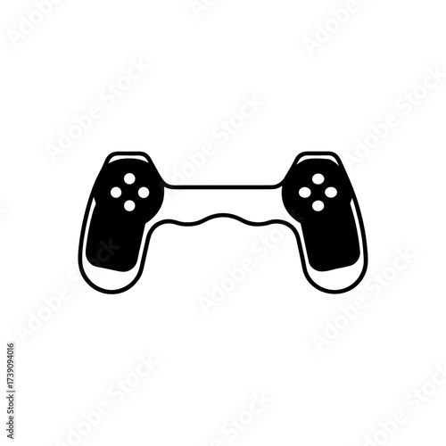 Simple black and white outline illustration of a video game controller with four buttons on each side on transparent background silhouette