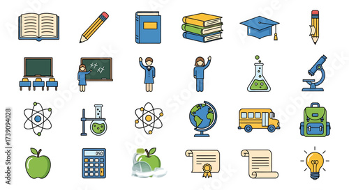 A versatile set of brightly colored educational concept icons depicting various aspects of learning, academic pursuits, scientific discovery, and daily school activities