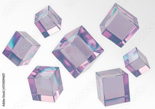 Floating iridescent glass cubes isolated on white background, abstract design