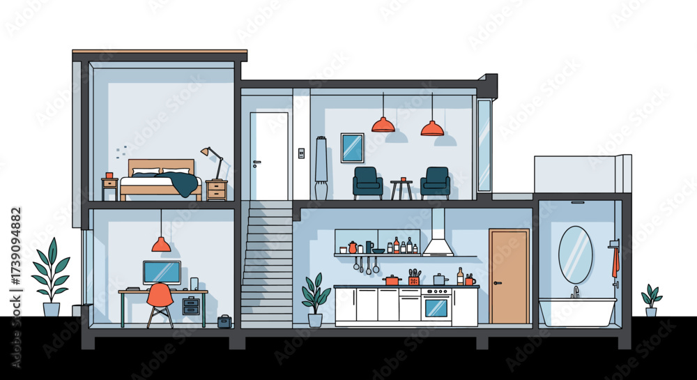 Obraz premium Detailed cutaway illustration of a modern two-story house interior.