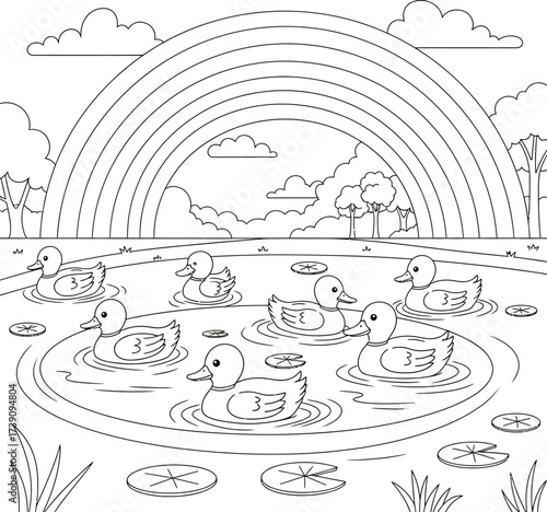 Charming black and white cartoon illustration of six adorable ducklings swimming in a pond with lily pads, framed by a beautiful rainbow, trees, and clouds, perfect for children's coloring books.
