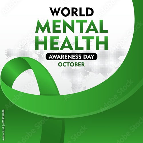 World Mental Health Awareness Month. Green ribbon design. Suitable for concept for healthcare  banner, poster, social media, flyer and background 
