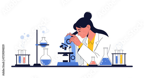 A focused scientist diligently examines a specimen under a microscope in a laboratory setting surrounded by various scientific equipment and experiments.