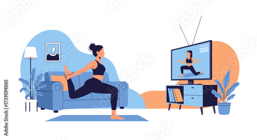 Woman doing yoga at home and following an online exercise class on television.