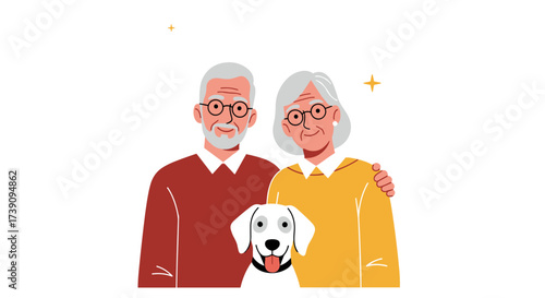 A happy senior couple with their beloved pet dog enjoying retirement together.