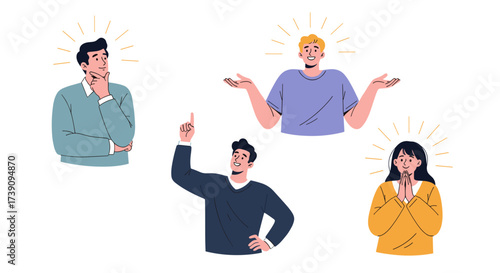 Diverse group of people expressing different emotions and ideas with radiating light.