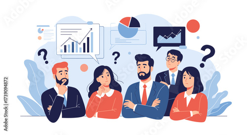 Diverse business professionals contemplating data analysis and strategic decision making with charts and graphs illustrating growth and performance metrics.