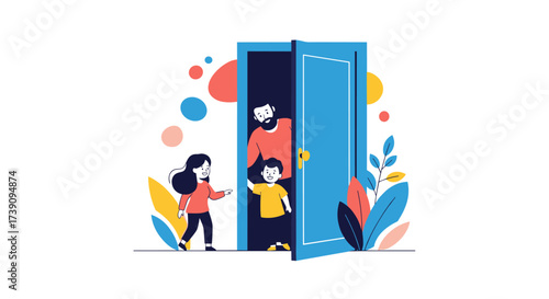 A father opens a blue door to greet his two children entering the house.
