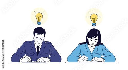 Two uniformed individuals contemplating new ideas while working on tasks.