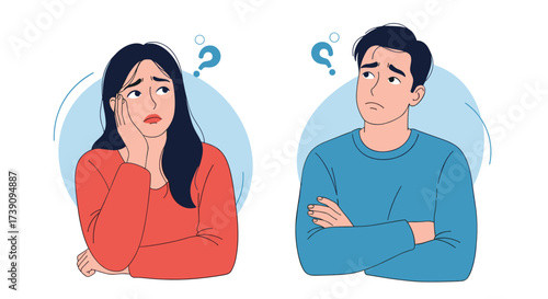 A young woman and a young man looking confused with question marks above their heads.
