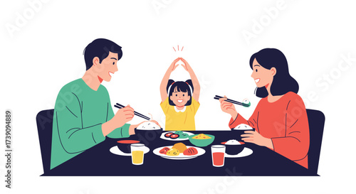 A happy family enjoys a delicious meal together at the dining table.