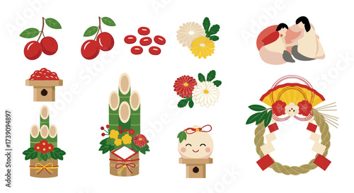 Traditional Japanese new year decorations and symbolic elements for festive celebrations.