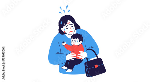 Overwhelmed mother struggling to balance work and childcare with a crying baby.