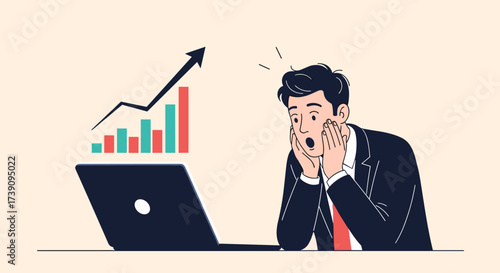Businessman reacts with shock and surprise to a rapidly growing stock market graph on his laptop.