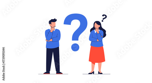 Two people with question marks above their heads thinking about a problem.