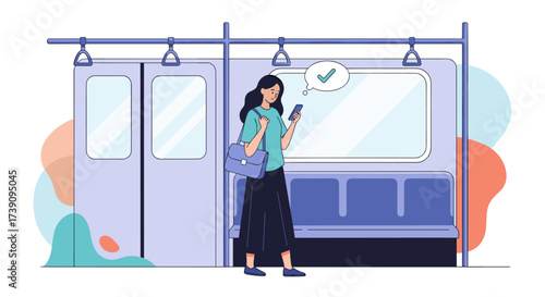 A young woman standing on a train checking her phone with a notification bubble indicating a successful transaction.