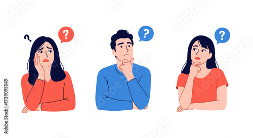 Three people are thinking with question marks above their heads.
