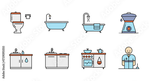 A collection of line art icons representing essential bathroom and kitchen fixtures and appliances.