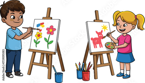 Children painting on easels, kids art class activity, creative learning, boy and girl drawing, colorful artwork, childhood education, happy expression