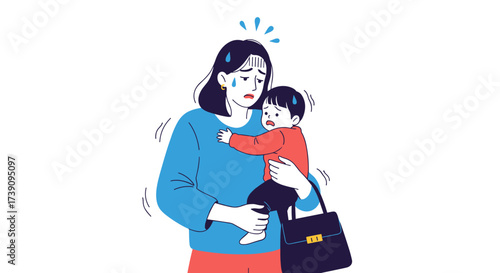 A stressed mother holding a crying baby feels overwhelmed and anxious while managing daily life.