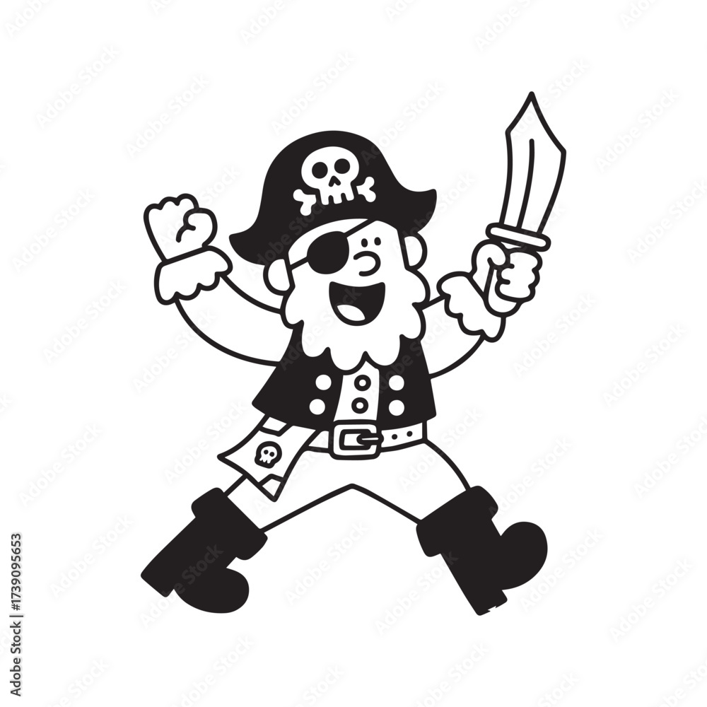 Fototapeta premium A black and white cartoon vector illustration of a humorous pirate triumphantly holding his sword up in the air. 