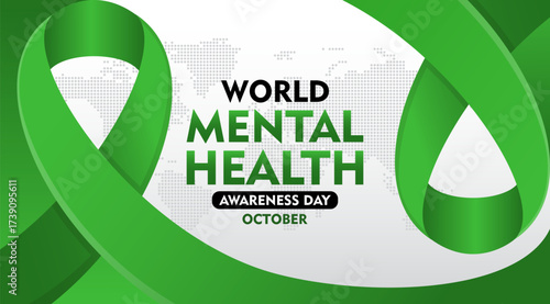 World Mental Health Awareness Month. Green ribbon design. Suitable for concept for healthcare  banner, poster, social media, flyer and background 