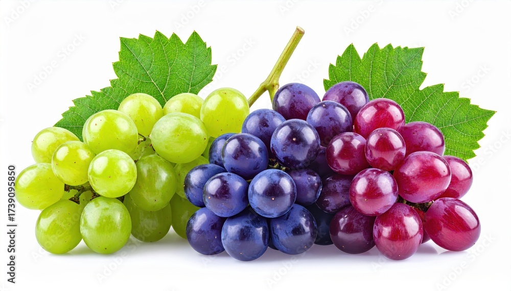 Fototapeta premium A colorful assortment of green, purple, and red grapes with fresh green leaves on a white background, showcasing their vibrant colors and textures.