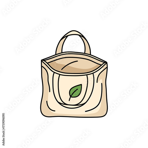 Hand-drawn illustration of a reusable eco-friendly tote bag with a green leaf symbol, representing a zero waste and sustainable lifestyle concept