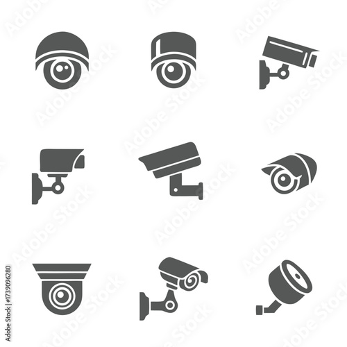 Collection of nine dark gray security camera icons on white background cctv surveillance 1