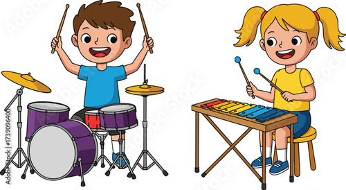 Children playing musical instruments, boy on drum set, girl on colorful xylophone, kids music education, fun learning, happy childhood activity