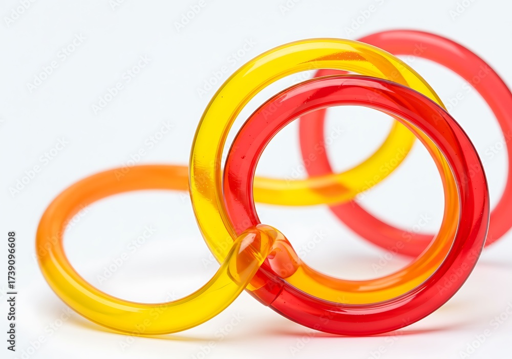 Fototapeta premium Three colorful plastic rings isolated on white background, closeup shot