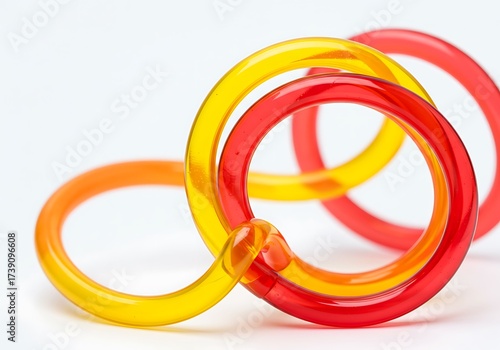 Three colorful plastic rings isolated on white background, closeup shot