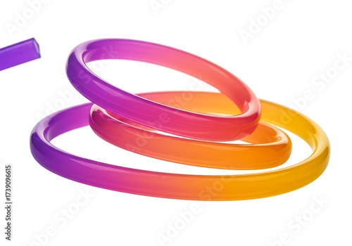 Three colorful plastic rings isolated on white background, closeup shot