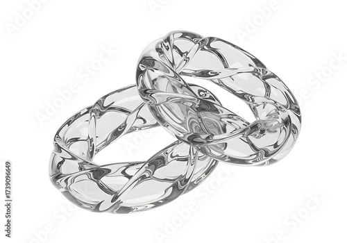 Two transparent rings with a pattern isolated on white background are linked